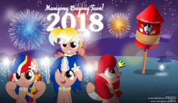 Size: 1024x592 | Tagged: safe, artist:jhayarr23, oc, oc:fillypines, oc:luz, oc:minda, oc:pearl shine, oc:vi, earth pony, pegasus, pony, unicorn, 2018, fireworks, happy new year, holiday, night, philippines, pun, rocket, this will end in pain and/or tears, upset