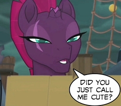 Size: 916x804 | Tagged: safe, edit, edited screencap, screencap, tempest shadow, pony, unicorn, g4, my little pony: the movie, broken horn, eye scar, female, horn, i'm not cute, mare, open mouth, pretty pretty tempest, scar, solo, speech bubble