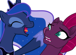Size: 418x303 | Tagged: artist needed, source needed, safe, princess luna, tempest shadow, pony, g4, broken horn, duo, eye scar, eyes closed, female, happy, hoof shoes, horn, jewelry, mare, playful, regalia, scar, shocked, simple background, squishy cheeks, tongue out, transparent background, vector