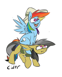 Size: 465x570 | Tagged: dead source, safe, artist:cider, daring do, rainbow dash, pegasus, pony, g4, clothes, duo, ponies riding ponies, rainbow dash riding daring do, riding, signature, simple background, unamused, white background