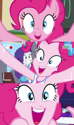 Size: 1366x2304 | Tagged: safe, screencap, pinkie pie, rarity, best trends forever, equestria girls, equestria girls series, g4, make new friends but keep discord, twilight under the stars, spoiler:eqg series (season 2), best trends forever: pinkie pie, breaking the fourth wall, comparison, fourth wall, geode of shielding, geode of sugar bombs, he wants all of the cakes, magical geodes
