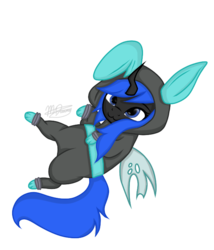Size: 600x700 | Tagged: safe, artist:dawnshine, oc, oc only, oc:blue visions, changeling, blue changeling, bunny ears, changeling oc, chibi, clothes, costume, cute, dangerous mission outfit, hoodie, simple background, transparent background