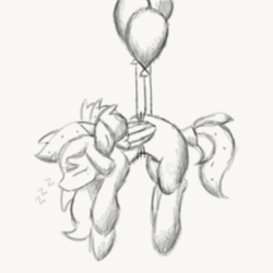 Size: 2100x2100 | Tagged: safe, artist:sjart117, oc, oc only, oc:watermelana, pegasus, pony, balloon, female, floating, high res, mare, monochrome, simple background, sketch, sleeping, solo, white background