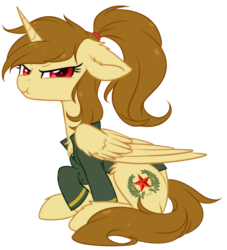 Size: 2784x3072 | Tagged: safe, artist:scarlet-spectrum, oc, oc only, oc:katya ironstead, alicorn, pony, alicorn oc, clothes, female, high res, jacket, mare, pouting, simple background, solo, transparent background, ych result