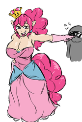 Size: 1280x1920 | Tagged: safe, artist:poneboning, pinkie pie, oc, oc:anon, human, g4, 30 minute art challenge, armpits, big breasts, breasts, busty pinkie pie, clothes, dress, elf ears, evening gloves, female, friendshipping, gloves, huge breasts, humanized, long gloves, simple background, solo, super crown, tailed humanization, toadette, white background
