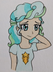 Size: 456x625 | Tagged: safe, artist:metalamethyst, vapor trail, human, g4, arm behind head, clothes, cutie mark, cutie mark on clothes, humanized, shirt, simple background, t-shirt, traditional art, white background