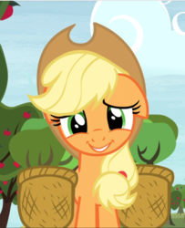 Size: 763x941 | Tagged: safe, screencap, applejack, earth pony, pony, castle sweet castle, g4, apple tree, awkward smile, basket, cropped, cute, female, floppy ears, jackabetes, mare, smiling, solo, tree, wavy mouth