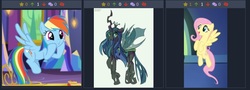 Size: 738x265 | Tagged: safe, fluttershy, queen chrysalis, rainbow dash, derpibooru, g4, juxtaposition, juxtaposition win, meme, meta