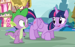 Size: 1126x701 | Tagged: safe, screencap, spike, twilight sparkle, alicorn, pony, castle sweet castle, g4, crouching, cute, duo, female, looking at each other, mare, open mouth, out of context, smiling, twiabetes, twilight sparkle (alicorn)