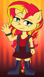 Size: 567x1000 | Tagged: safe, artist:empyu, sunset shimmer, unicorn, anthro, plantigrade anthro, g4, boots, chibi, clothes, cute, female, jacket, leather, leather jacket, looking at you, mare, shimmerbetes, skirt, smiling, solo, waving