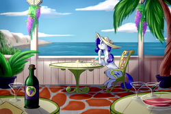 Size: 2250x1500 | Tagged: safe, artist:lorenz3, artist:notaletolivefor, rarity, pony, unicorn, g4, alcohol, cafe, chair, cocktail glass, complex background, digital art, female, hat, mare, martini, martini glass, ocean, olive, solo, table, water, wine
