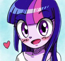 Size: 680x640 | Tagged: safe, artist:tastyrainbow, twilight sparkle, equestria girls, g4, big eyes, blue background, blushing, bust, cute, female, heart, looking at you, open mouth, portrait, simple background, smiling, solo, twiabetes