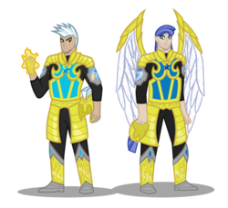 Size: 1579x1445 | Tagged: safe, artist:deroach, human, equestria project humanized, armor, duo, fanfic, fanfic art, helmet, humanized, magic, royal guard, simple background, transparent background, winged humanization, wings