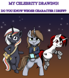 Size: 1472x1668 | Tagged: safe, artist:pencil bolt, oc, oc:blackjack, oc:littlepip, oc:velvet remedy, cyborg, pony, unicorn, fallout equestria, fallout equestria: project horizons, amputee, augmented, bag, bipedal, clothes, cute, cutie mark, cyber legs, cybernetic legs, fallout, fanfic, fanfic art, female, fluttershy medical saddlebag, grin, hooves, horn, jumpsuit, looking at you, mare, medical bag, pipbuck, smiling, stars, vault suit