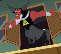 Size: 1051x941 | Tagged: safe, screencap, lord tirek, centaur, g4, twilight's kingdom, cropped, entrance, male, nose piercing, nose ring, piercing, saloon, scorpan's necklace, septum piercing, solo, western