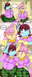 Size: 1574x3750 | Tagged: safe, artist:blackbewhite2k7, fluttershy, oc, oc:stern words, anthro, g4, big breasts, blouse, breasts, busty fluttershy, canon x oc, clothes, comic, commission, fat, huge breasts, plaid skirt, skirt, work clothes