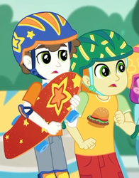 Size: 374x477 | Tagged: safe, screencap, gallop j. fry, super funk, human, equestria girls, g4, my little pony equestria girls: better together, sic skateboard, background human, children, clothes, cropped, helmet, male, pants, shorts, skateboard