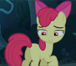 Size: 1076x939 | Tagged: safe, screencap, apple bloom, earth pony, pony, bloom & gloom, g4, butt, cropped, female, filly, lidded eyes, looking back, plot, raised hoof, smiling, solo