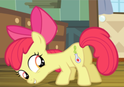 Size: 1346x940 | Tagged: safe, screencap, apple bloom, earth pony, pony, bloom & gloom, g4, alternate cutie mark, butt, cropped, cutie mark, excited, female, plot, smiling, solo