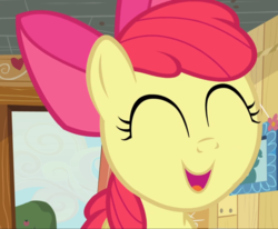 Size: 1137x938 | Tagged: safe, screencap, apple bloom, earth pony, pony, bloom & gloom, g4, adorabloom, close-up, cropped, cute, eyes closed, female, filly, open mouth, smiling, solo
