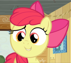 Size: 1053x940 | Tagged: safe, screencap, apple bloom, earth pony, pony, bloom & gloom, g4, bow, close-up, cropped, female, filly, hair bow, smiling, solo