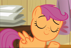 Size: 1389x941 | Tagged: safe, screencap, scootaloo, pegasus, pony, bloom & gloom, g4, cropped, eyes closed, female, filly, raised hoof, smiling, smug, solo, underhoof