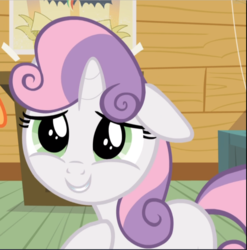 Size: 931x941 | Tagged: safe, screencap, sweetie belle, pony, unicorn, bloom & gloom, g4, cropped, cute, diasweetes, eye shimmer, female, filly, floppy ears, smiling, solo