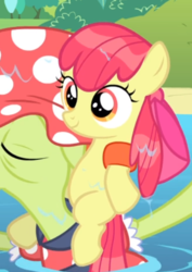 Size: 430x608 | Tagged: safe, screencap, apple bloom, granny smith, earth pony, pony, g4, leap of faith, adorabloom, bow, cropped, cute, duo, duo female, elderly, female, filly, floaty, hair bow, piggyback ride, ponies riding ponies, riding, smiling, solo focus, wet, wet mane, wet mane apple bloom