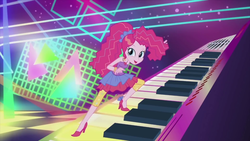 Size: 1920x1080 | Tagged: safe, screencap, pinkie pie, equestria girls, friendship through the ages, g4, bare shoulders, female, high heels, keyboard, musical instrument, new wave pinkie, shoes, sleeveless, solo, strapless