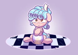 Size: 1811x1280 | Tagged: safe, artist:zalakir, cozy glow, pony, g4, blushing, cozy glow is not amused, cozybetes, cute, diaper, dissatisfied, female, filly, foal, implied punishment, looking at you, non-baby in diaper, peeing in diaper, poofy diaper, pouting, sitting, solo, underhoof, urine, used diaper, wet diaper, young