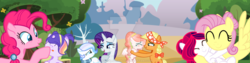 Size: 1280x323 | Tagged: safe, artist:crystalspringlove, applejack, fluttershy, pinkie pie, rarity, oc, oc:bright apple, oc:clarity snowflake, oc:flora, pegasus, pony, g4, boop, clothes, female, hug, mother and daughter, scarf