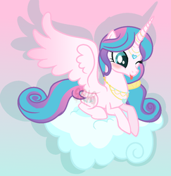Size: 950x976 | Tagged: safe, artist:superrosey16, princess flurry heart, alicorn, pony, g4, :p, blushing, cloud, female, mare, older, older flurry heart, one eye closed, prone, silly, solo, tongue out, wink