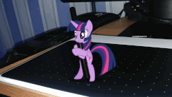 Size: 1280x720 | Tagged: safe, artist:tridashie, twilight sparkle, alicorn, pony, g4, animated, bipedal, cute, drawing, drawing tablet, female, gif, hoof hold, hug, irl, mare, photo, ponies in real life, solo, standing, stylus, twiabetes, twilight sparkle (alicorn)