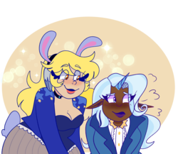 Size: 1280x1110 | Tagged: safe, artist:cubbybatdoodles, derpy hooves, trixie, human, g4, bunny suit, dark skin, elf ears, female, horn, horned humanization, humanized, lesbian, playboy bunny, shipping, tripy, unicorns as elves, wing ears