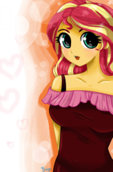 Size: 1052x1608 | Tagged: safe, artist:lovelygirlmusicer, sunset shimmer, human, equestria girls, g4, blushing, clothes, cute, female, open mouth, shimmerbetes, shoulderless, solo