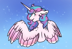 Size: 715x490 | Tagged: safe, artist:bean-bee, princess flurry heart, alicorn, pony, g4, blushing, bust, colored ears, colored wings, cute, female, flurrybetes, gradient background, looking back, mare, multicolored wings, older, older flurry heart, profile, shoulder fluff, solo, spread wings, wing fluff, wings