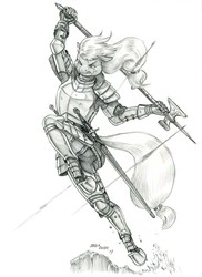 Size: 950x1308 | Tagged: safe, artist:baron engel, applejack, earth pony, anthro, unguligrade anthro, g4, armor, arrow, female, grayscale, mare, monochrome, pencil drawing, plate armor, poleaxe, simple background, sketch, solo, sword, traditional art, weapon, white background