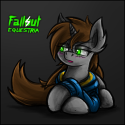 Size: 1280x1280 | Tagged: safe, artist:theomegaridley, oc, oc only, oc:littlepip, pony, unicorn, fallout equestria, black background, blushing, clothes, ear fluff, eye clipping through hair, fanfic, fanfic art, female, hooves, horn, jumpsuit, lidded eyes, lying down, mare, open mouth, prone, simple background, solo, vault suit