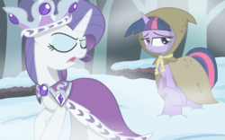 Size: 3200x2000 | Tagged: safe, artist:geraritydevillefort, clover the clever, princess platinum, rarity, twilight sparkle, pony, unicorn, g4, hearth's warming eve (episode), cloak, clothes, crown, duo, eyes closed, high res, jewelry, open mouth, regalia, scene interpretation, snow, winter