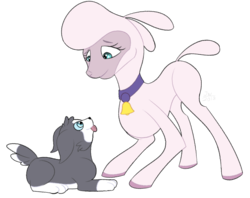 Size: 1280x1014 | Tagged: safe, artist:thejadewizard-is-writing, pom (tfh), dog, lamb, sheep, them's fightin' herds, :p, bell, bell collar, collar, community related, cute, duo, female, looking at each other, profile, prone, silly, simple background, tongue out, transparent background