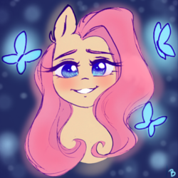 Size: 894x894 | Tagged: safe, artist:cherubisous, fluttershy, butterfly, pegasus, pony, g4, bust, female, front view, full face view, looking at you, mare, portrait, smiling, solo