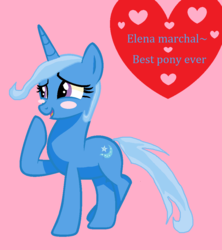 Size: 894x1006 | Tagged: safe, artist:dangerdana220, artist:fersgaard, edit, trixie, pony, unicorn, g4, 1000 hours in ms paint, base used, blushing, female, heart, mare, ms paint, pink background, raised hoof, simple background, solo, standing