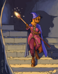 Size: 700x891 | Tagged: safe, artist:adeptus-monitus, oc, oc only, oc:firebreak, unicorn, anthro, unguligrade anthro, anthro oc, cape, catacomb, clothes, commission, genderqueer, hat, magic staff, solo, wizard, wizard hat, ych result