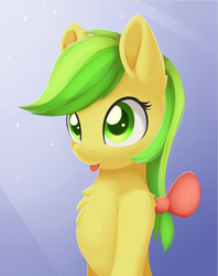 Size: 585x740 | Tagged: safe, artist:dusthiel, apple fritter, pony, g4, :p, apple family member, bow, cheek fluff, chest fluff, crepuscular rays, cute, ear fluff, female, fritterbetes, hair bow, shoulder fluff, silly, solo, tongue out