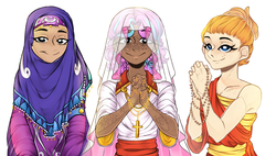 Size: 4535x2570 | Tagged: safe, artist:schokocream, princess flurry heart, pumpkin cake, oc, human, saddle arabian, equestria girls, g4, alternate hairstyle, beads, buddhism, catholicism, christianity, colored, cross, dark skin, description is relevant, freckles, happy, hijab, humanized, islam, jewelry, looking at you, mixed, necklace, next generation, older, older flurry heart, older pumpkin cake, positive ponies, prayer beads, prayer veil, praying, rosary, saddle arabia, simple background, smiling, trio, veil, white background, white pupils