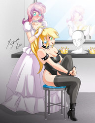 Size: 2153x2786 | Tagged: safe, artist:shinta-girl, applejack, oc, oc:golden sheen, equestria girls, g4, booette, boosette, bowsette, breasts, canon x oc, cleavage, clothes, cosplay, costume, couple, crossdressing, female, femboy, high res, human coloration, male, not sweetie belle, shipping, socks, straight, thigh highs, toadette, trap