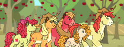 Size: 3400x1300 | Tagged: dead source, safe, artist:hateful-minds, apple bloom, applejack, big macintosh, bright mac, pear butter, earth pony, pony, g4, alternate design, apple, apple tree, family, female, food, male, mare, size difference, stallion, tree