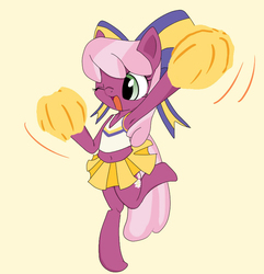 Size: 723x751 | Tagged: safe, artist:seirogan, cheerilee, earth pony, pony, semi-anthro, g4, armpits, belly button, bow, cheeribetes, cheerileeder, cheerleader, clothes, cute, female, hair bow, mare, midriff, miniskirt, moe, one eye closed, open mouth, pixiv, pleated skirt, pom pom, skirt, solo, sports bra, standing, standing on one leg, wink