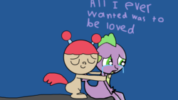 Size: 1334x750 | Tagged: safe, artist:undeadponysoldier, spike, oc, oc:molly, dragon, g4, canon x oc, comforting, crying, emotional, heartwarming, hug, sad, shipping, smolly, spikelove