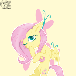 Size: 1100x1100 | Tagged: safe, artist:goddess-lidark, fluttershy, pegasus, pony, g4, covering mouth, cutie mark background, female, looking at you, mare, one eye closed, outline, solo, stray strand, three quarter view, wavy mouth, white outline, wings, wink